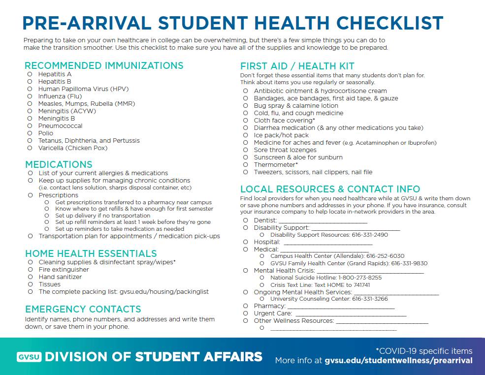 Pre-Arrival Student Health Checklist - GVSU Health Hub - Grand Valley ...